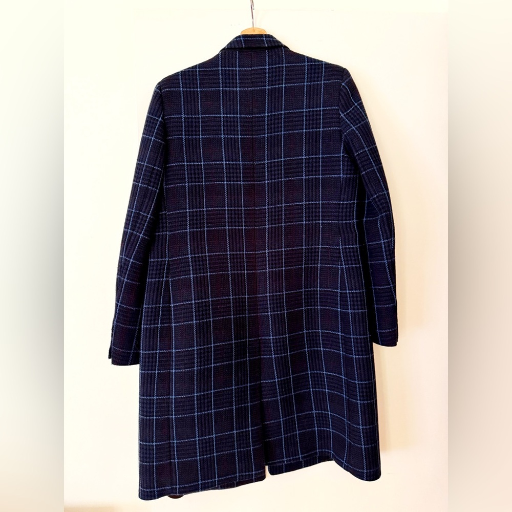 MANGO Navy Blue Plaid Double Breasted Wool Coat Lapels Wool Trench Coat Size XS - Picture 7 of 9